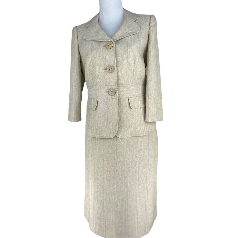 Tahari Women's Neutral Tan Herringbone Career Blazer‎ & Skirt Suit Set 6/C36/W30